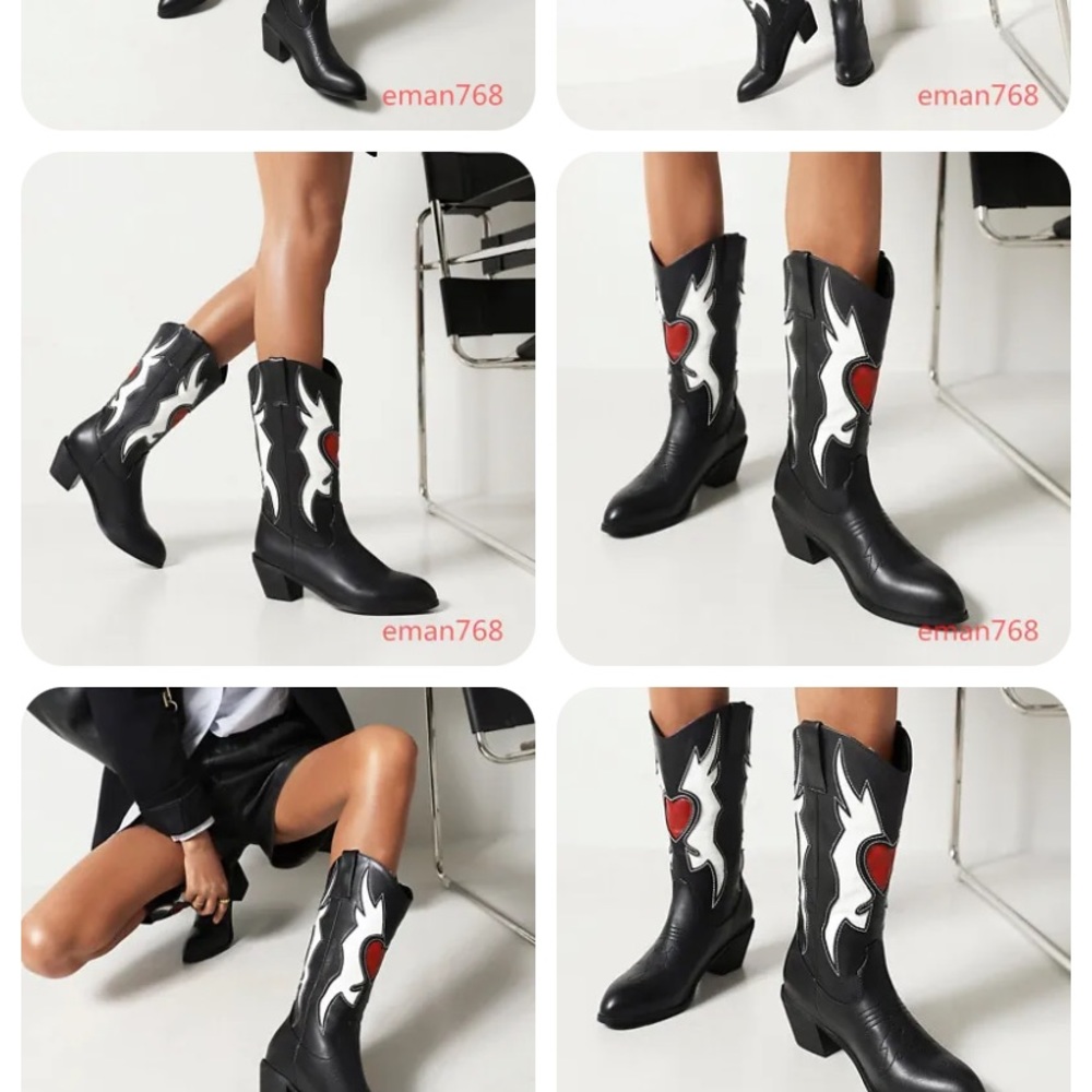 New Retro Embroidery Shoes Womens Mid Chunky Heels Cowboy Western Mid-calf Boots